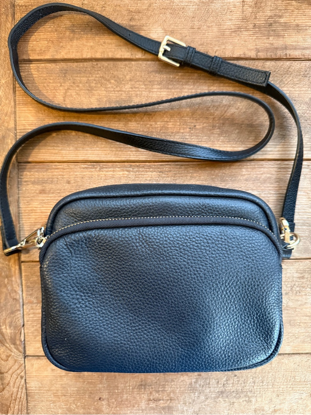 Pom Pom London Mayfair Black Leather Crossbody Camera Bag Double Zip - Picture 2 of 11